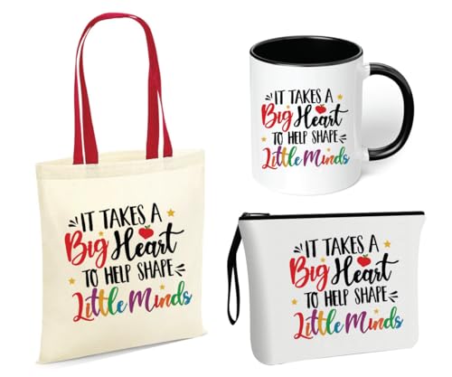 Teachers Day Gift Combo - Stylish Red handled Cotton bag - Two Tone Black Mugs and Cosmetic Pouch - Pack of 3 Combo Set - World Teachers Day - Ideal for Teacher Appreciation Gift