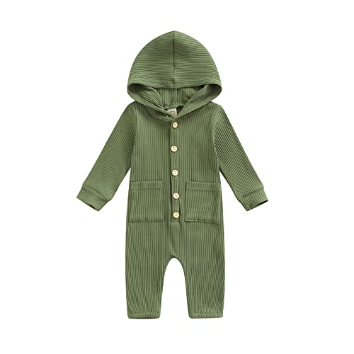 Image of Ynibbim Winter Newborn Baby Boy Girl Solid Romper Unisex Infants Hooded Outfit Clothes Waffle Cotton Button Jumpsuits (Rib & Pocket - Green, 6-12 Months)