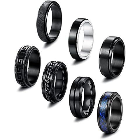 Fansilver 7Pcs Anxiety Fidget Ring Black For Men Stainless Steel Spinner Ring Release Preasure Cool Chain Matte Frosted Band Ring Size 7-13, 5 UK, No Gemstone Cover