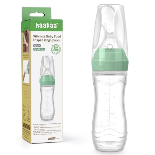 Haakaa Silicone Baby Food Dispensing Spoon Feeder 4oz - Infant Squeeze Cereal Feeder Baby Fresh Food Feeder Feed Bottle for Puree Solid Baby Food BPA Free 4m+ Babies Pea Green