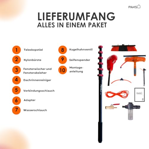 PAKSU® Teleskop Waschbürste 4,6m Set - Premium Qualität - Plus Fensterwischer Abzieher Dachrinnenreiniger - Waschbürste mit Teleskopstiel - Reinigung von PV Anlage Wintergarten Terassendach Fenster