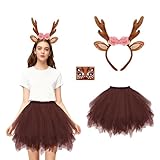 WVWMYM REH Kostüm Damen, Faschingskostüme Damen Rehkostüm Tüllrock Braun mit REH Haarreif Gesichtsaufkleber Rentier Kostüm Erwachsene für Frauen Karneval Fasching Cosplay Mottoparty