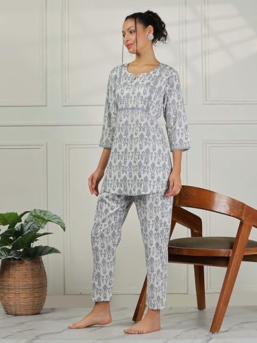 Image of 9shines Label Pure Cotton Printed Women Top & Pyjama Set | Pyjama co-ord Set | Night Suit | Lounge wear for Home | Nightwear Set for Women | Night Dress for Women Stylish (COPJ-5)