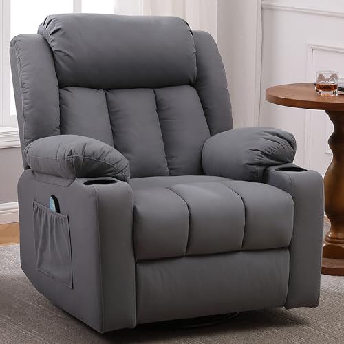 Ketaiyou Rocker Swivel Recliner Chair for Adults, Overstuffed Large Manual Recliner Glider with Massage and Heat, Comfy Soft Fabric Living Room Reclining Sofa Chair (Technical Grey)