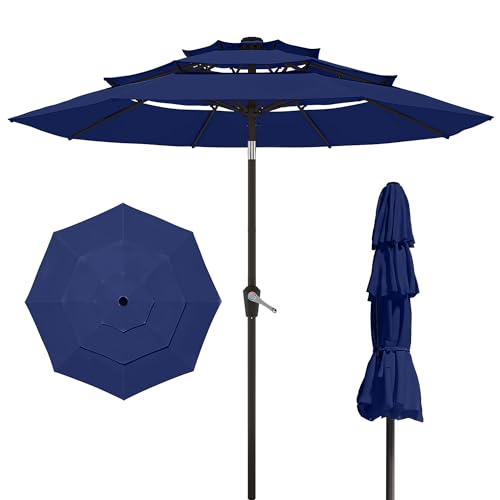 Patio Kingdom 10FT Patio Umbrella 3 Tiers Outdoor Market Umbrella w/Push Button Tilt, Crank, UV and Waterproof Table Umbrella for Garden, Pool, Backyard, Deck, Lawn, Navy Blue