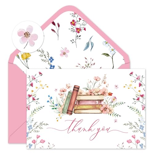 Whaline 24Pcs Wildflower Storybook Thank You Cards Blank Note Cards with Envelopes Stickers Pink Watercolor Flower Book Greeting Card for A New Chapter Baby Shower, 4 x 6 Inch