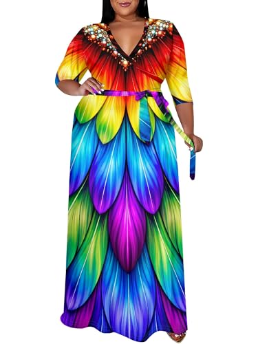 Image of SUZONANA Plus Size Maxi Dresses for Curcy Women Casual Loose 3 /4 Sleeve Long Dress with Belt