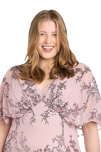 Image of R&M Richards Women's Long Beaded Floral Gown W /Sheer Capelet & Flutter Sleeves - Cocktail Party Evening Style