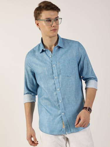 Image of Thomas Scott Men's | Printed | Textured Fabric | Full Sleeve | Regular Fit | Linen Blend | Single Pocket | Spread Collar | Casual Shirt