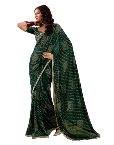 Image of SIRIL Women's Georgette Bandhani Printed, Embroidery Lace Saree With Unstitched Blouse Piece