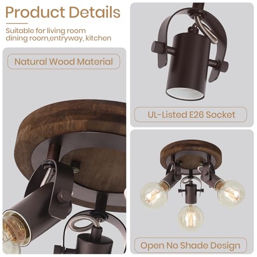 Image of 3-Light Rustic Track Lighting, Adjustable Flush Mount Ceiling Light with Espresso Wood Base, Dark Bronze Ceiling Track Light for Kitchen Island, Dining Room, Hallway, Entryway