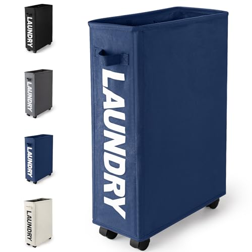 Virklyee Slim Panier à Linge Pliable avec 4 Roues Mince et Pliant Corbeilles à Linge Tissu Oxford Petit Étroit Bac à Linge avec Roues, Panier de Vêtements...