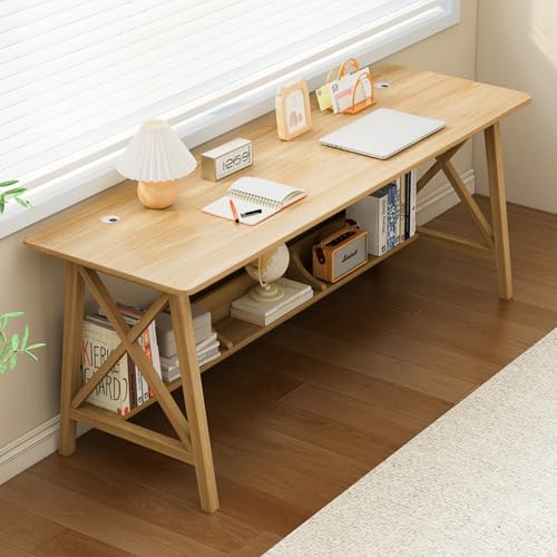 NELYE Extra Long Desk with Bookshelf - Wooden Home Office Work Study Table, 2-Person Writing Computer Workstation with Storage Shelf in Oak, 63' Wx20 Dx30 H
