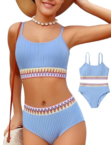 Image of Girls Swimsuit Two Piece Teen Bathing Suit High Waist Textured Bikini Set Woven Girls Swimwear 9-16Y