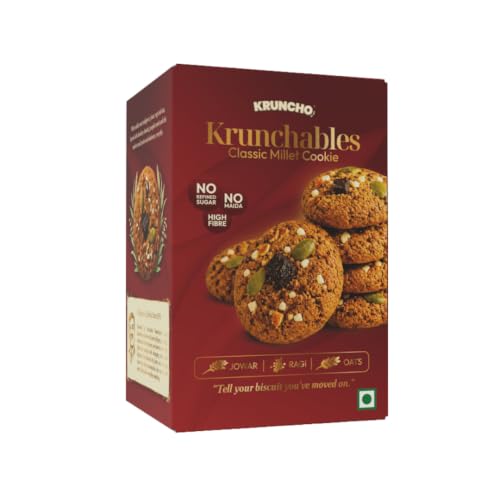 Image of KRUNCHO BY NVI Krunchables Classic Millet Cookies | No Refined Sugar, No Maida | High Fibre, Gluten Free | Made with Jowar, Ragi & Oats | With Almonds, Pumpkin Seeds & Chia Seeds | 90g (6 Cookies x 15g)
