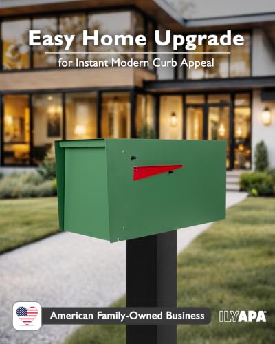 Image of Ilyapa Modern Mailbox for Outside Post Mount - Green Powder Coated Metal Mailbox, Waterproof Letter Box for Parcels, with Recessed Magnetic Close Door