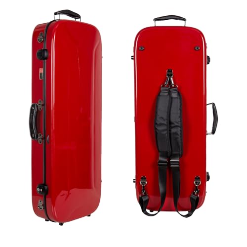 Image of Crossrock Fiberglass Mandolin Case - Oblong for F-Style (Fits Gibson F5) | Red Gloss Finish, Forest Green Velvet, TSA Lock, Hygrometer, Backpack Straps - Hard Shell Pro Travel Series