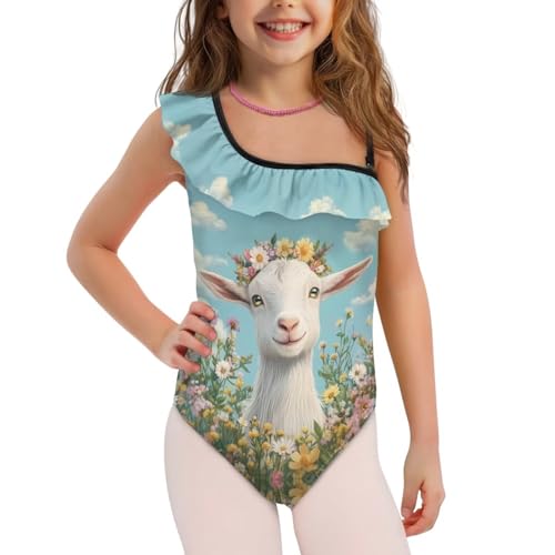Image of Xpyiqun Swimsuits for Girls 3-14 1-Shoulder Ruffle Bathing Suit One Piece Adjustable Halter Swimming Wear