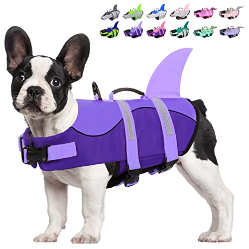 KOESON Shark Dog Life Vest with Rescue Handle, Ripstop Pet Float Coat for Swimming, Safety Dog Lifesaver XS-S, M, L Purple