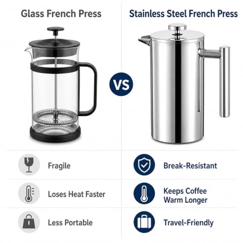 Image of 12 oz / 350 ml Stainless Steel French Press Coffee Maker, Double-Wall Insulated Small Coffee Press with 2 Extra Filters and Coffee Spoon, Single Serve French Press for Home, Office and Camping