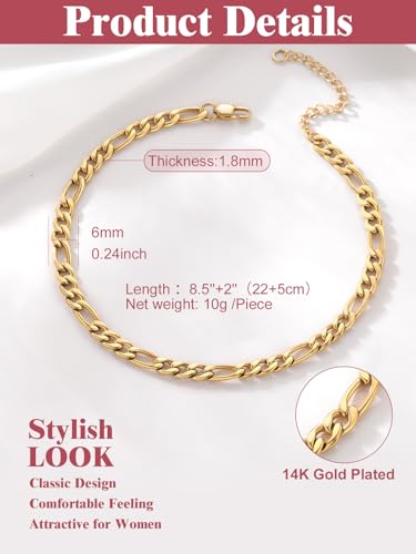 Image of FOCALOOK 14K Gold Plated Anklets for Women Waterproof Plus Size Ankle Bracelet 8.5-10.5 Inch Adjustable Mariner /Figaro /Flat Snake /Cuban Link Chain Anklet Jewelry for Summer Beach Holiday