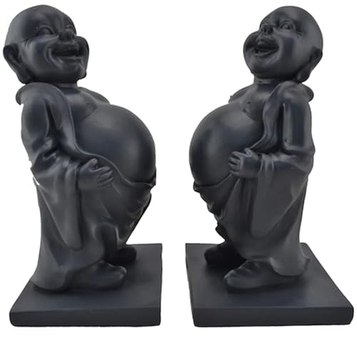 Happy Buddha Bookends, Set of 2 – Black Finish, Decorative Bookshelf Decor for Home & Office, Desktop Bookshelf & Book Shelf Organizer, Book Nook & Bookends for Stylish Book Shelf & Office Deco