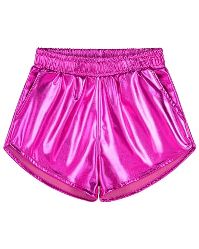 BOOPH Girls Metallic Shorts Kids Sparkly Dance Outfits Shiny Hot Pants Athletic Shorts for Girls Rose Red 8-9 Years