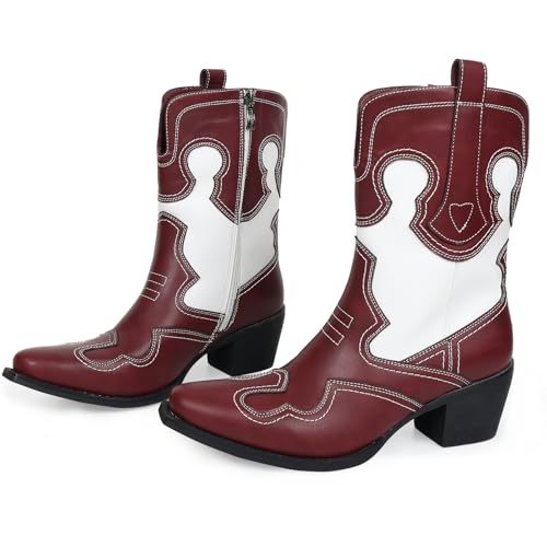 Western Woman Cowgirl Boots with Chunky Heel Pointed Toe Cowboy Boots White Patchwork Trendy Cowboy Stitched Pointe Toe Mid Shaft Boots3
