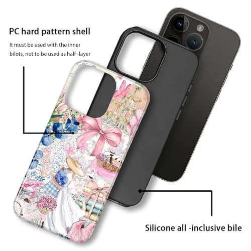 DAIZAG Case for iPhone 15 Pro Max,Mixed 2 Layer Design Shockproof Soft TPU Ddouble Protection Phone Case for iPhone 15 Pro Max-Magazine Books Flower Bow Collage - image 3