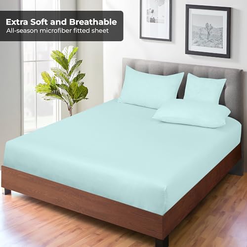 Image of Royale Linens Fitted Sheet Twin - Ultra Soft 1800 Brushed Microfiber - Hotel Luxury Bottom Sheets - Wrinkle Free & Fade Resistant - Deep Pocket Fitted Sheet Only (Twin, Aqua)