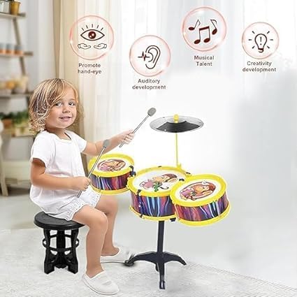 Image of Fully Kids Drum Set | Musical Drum Sets for Kids | Kid Musical Toys Jazz Drum with 3 Drums, 1 Stool and 1 Stand for Boys Girls Age 1 to 5 Years | Music Instrument Kid Birthday Gifts