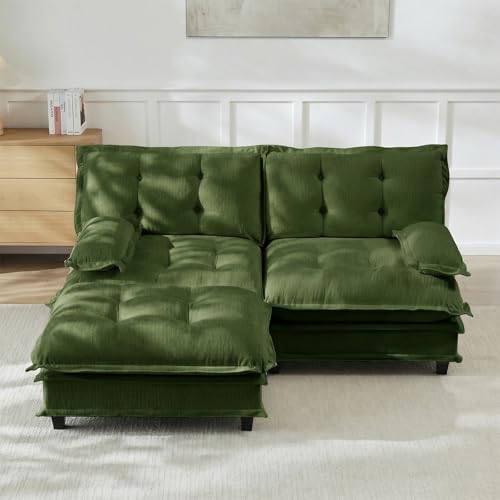 Image of 77 inch L-Shaped Sectional Couches for Living Room, Green 2 Seater Modern Chenille Deep Seat Sofa Set, Salas para Casa, High Back Love Seat Couches, Cloud Modular Sectional Sets with Ottoman