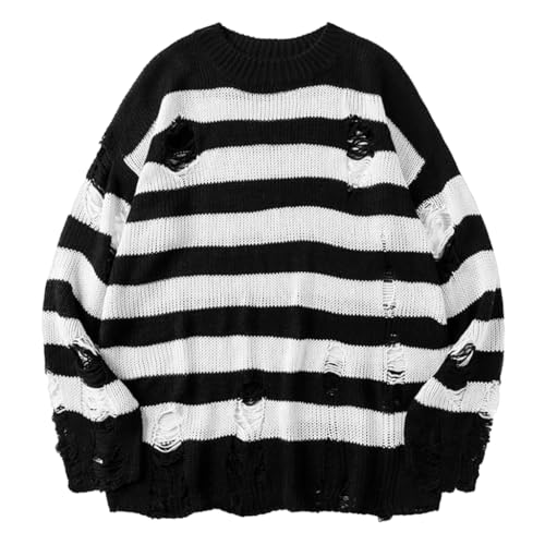 Unisex Long Sleeve Crewneck Sweater Loose Distressed Knit Pullover Sweater Tops Black and White