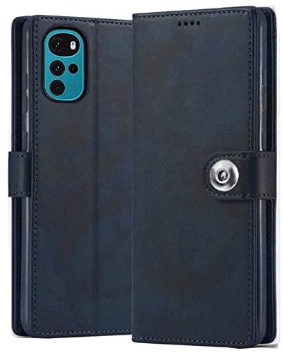 Image of SHINESTAR Ultimate Leather Finish Flip Back Cover for Motorola Moto G22 | Inside TPU & Inbuilt Stand | Wallet Style Back Cover Case for Motorola Moto G22 | Stylish Button Magnetic Closure - Blue