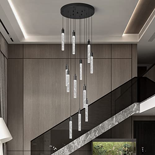 Image of 12-Light Modern Living Room Chandelier Black Crystal Ceiling Pendant Lights LED Dimmable 72W 6000K Staircase Large Chandeliers for Entryway Lobby Foyer High Ceiling Chandeliers