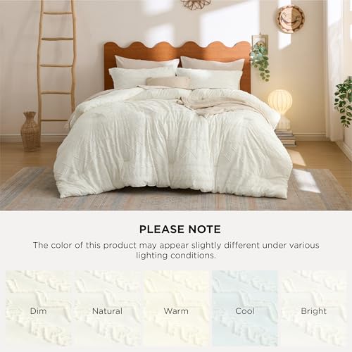 Image of Bedsure Tufted Boho Comforter Set Queen Size - White Boho Bed Set, GentleSoft 3 Pieces Farmhouse Distressed Vintage, Home Decor Bedding, Gifts for Woman, Soft Jacquard Queen Comforter for All Seasons