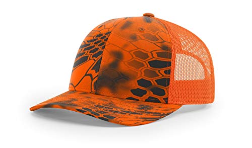Running Partner Richardson 112 112P Trucker Mesh Snapback Hat Curved Bill with NoSweat Hat Liner (Adjustable Snapback Kryptek Camo Colorway, Inferno/Blaze Orange)