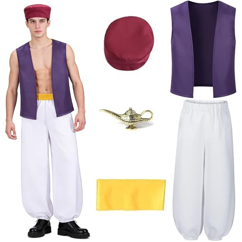 Taechalingo Aladdin Kostüm Mann mit Ärmellos Weste Tops mit Pumphose Hüte Lampe Märchenanzüge Halloween Cosplay Party Anzug