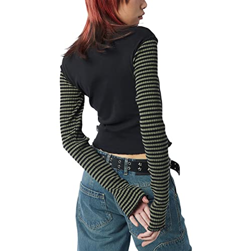 Women Vintage Star Pattern Stripes Patchwork T Shirts Long Sleeve Crew Neck Crop Top Casual Y2K 90s Streetwear3