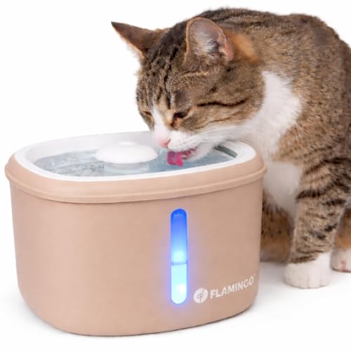 fontanella per gatti - Flamingo Finto beige - 2,5L - plastica - pompa super silenziosa con arresto automatico - filtro carbone attivo e resina - indicatore luminoso - cavo USB 150 cm