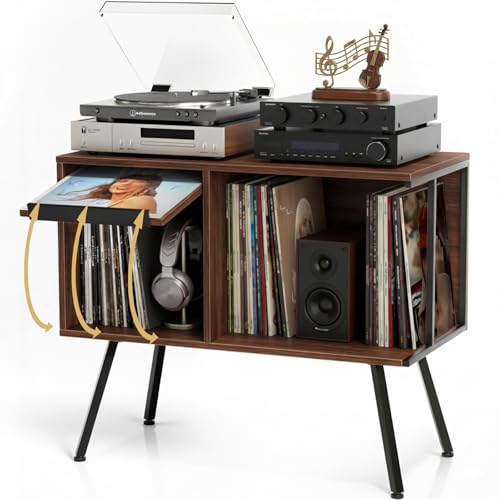 Image of Faesun Flip Top Record Player Stand, Large Turntable Stand Holds up to 150+ Albums, Vintage Mid Century Record Player Table, Stereo Cabinet with Open Storage, for Living Room, Bedroom, Walnut