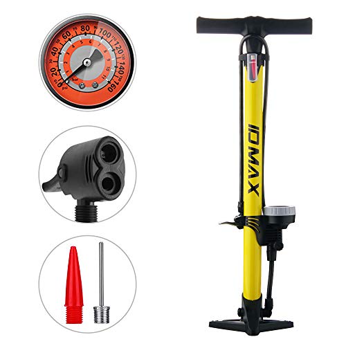 IDMAX Bike Pump, Ergonomic Bike Floor Pump Bicycle Tire Air Pump Portable Inflator Pump with Gauge & Smart Valve Head, 160 psi, Compatible with Universal Presta and Schrader Valve (Yellow)