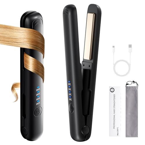 HIULLEN Mini Glätteisen Kabellos Haarglätter Glätteisen 2 in 1 Wiederaufladbares Kabelloses Glätteisens mit 4 Temperaturen Glätteisens Locken und Glätten Reiseglätter Keramik Haarglätter