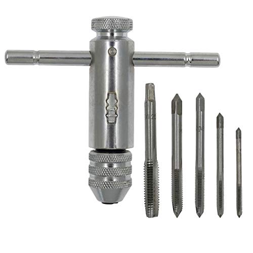 Bonsicoky Adjustable T-Handle Ratchet Tap Holder Wrench with 5PCS M3-M8/3mm-8mm Machine Screw Thread Metric Plug Tap for Manual Tapping, Holding Reamers, Hcrew Extractors