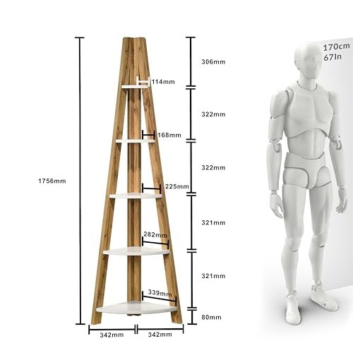 Image of DeckUp Plank TIVA Engineered Wood Corner Ladder Book Shelf (Wotan Oak & White, Matte Finish)