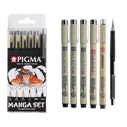 SAKURA Pigma Manga Set de 6 Stylos en Noir | 3 Pointes Callibrées, Liner Graphic, Brush Pen & Crayon Mécanique | Pour les manga, BD et les illustrations