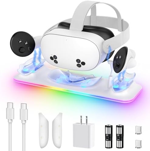 Charging Dock for Meta Quest 3S/Quest 3, Kinwin PD 18W Fast Charging Station for Oculus 3S Accessories with RGB Light, Magnetic Charger Stand for Headset/Controller with 2 Rechargeable Batteries
