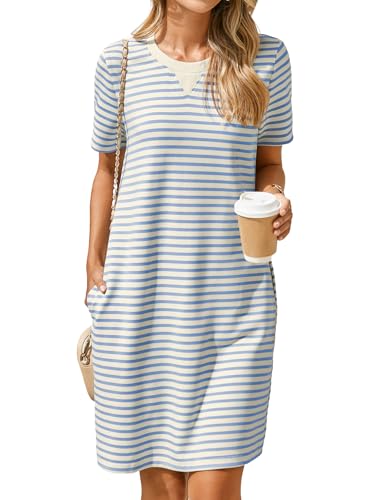 Glamaker Women Summer Tshirt Shift Dress Casual Striped Short Sleeve Crew Neck Knee Length Comfy Dress with Pockets