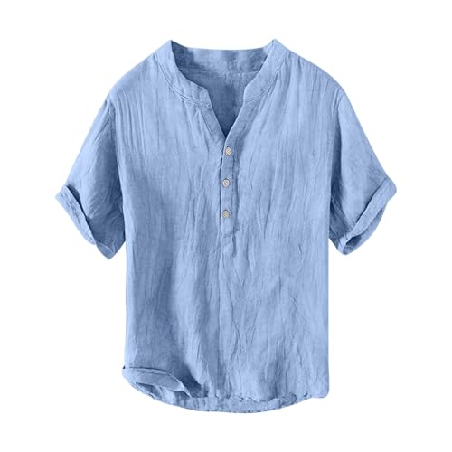Camisa de lino para hombre, manga corta, verano, cuello en V, bolsillos, camiseta Henley, transpirable, talla grande, camiseta deportiva con cuello Henley, informal, holgada, camisa de trabajo
