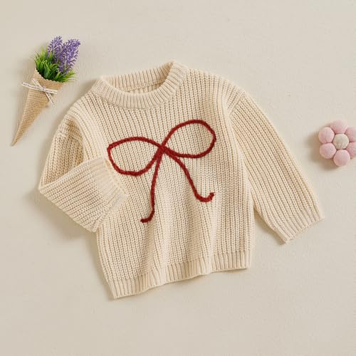 Toddler Baby Girl Knit Sweater Bow Embroidery Chunky Sweatshirt Tops Oversized Warm Christmas Fall Winter Clothes3